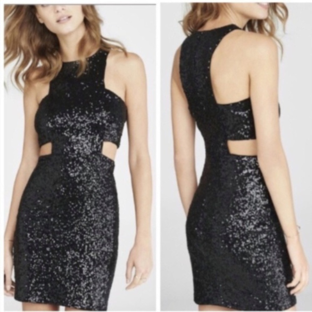 Express Black Sequined Women's Dress Side Cutouts sz 8 Mini cocktail NWT Party